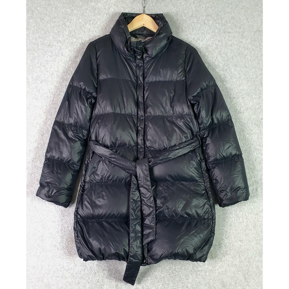 Gap Coat Womens Small Black Down Puffer Belted Snap Front Mid Length Winter